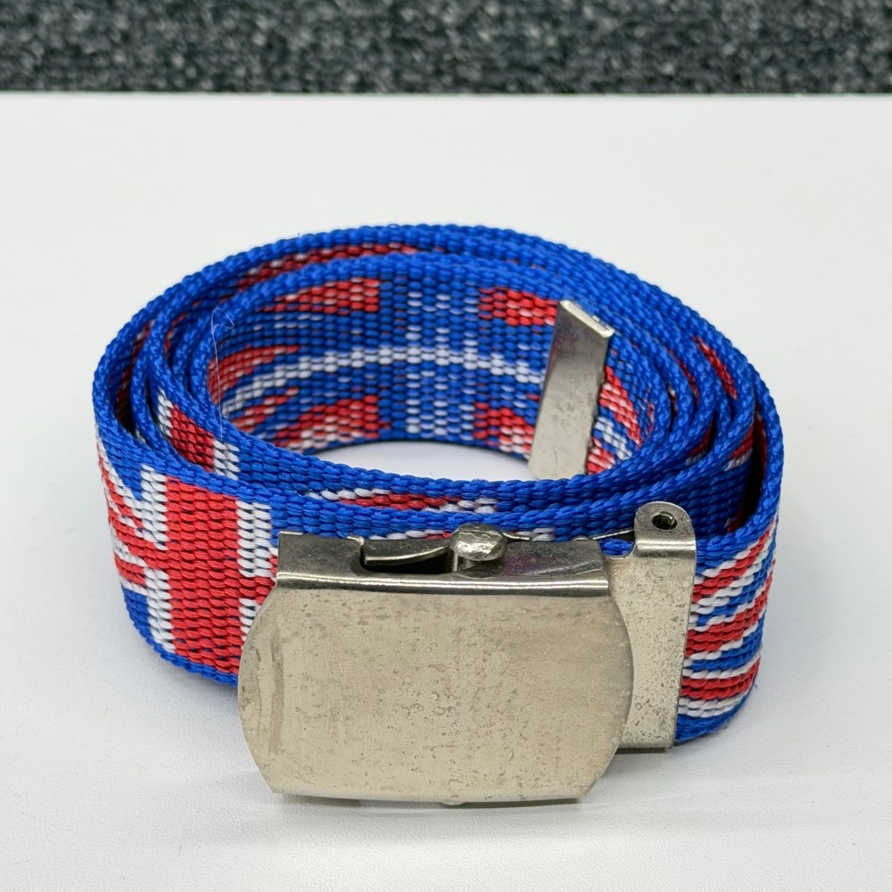 Union Jack British Flag Web Belt Adjustable Silver Flip Top Buckle Blue 50" Vtg
